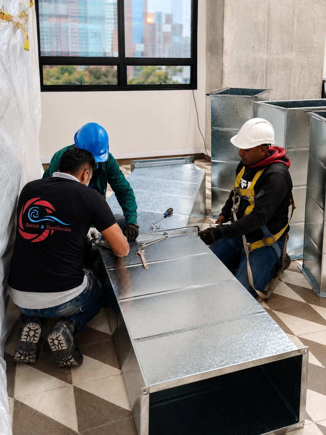 Equipo instalando ductos galvanizados para sistema de ventilación interior